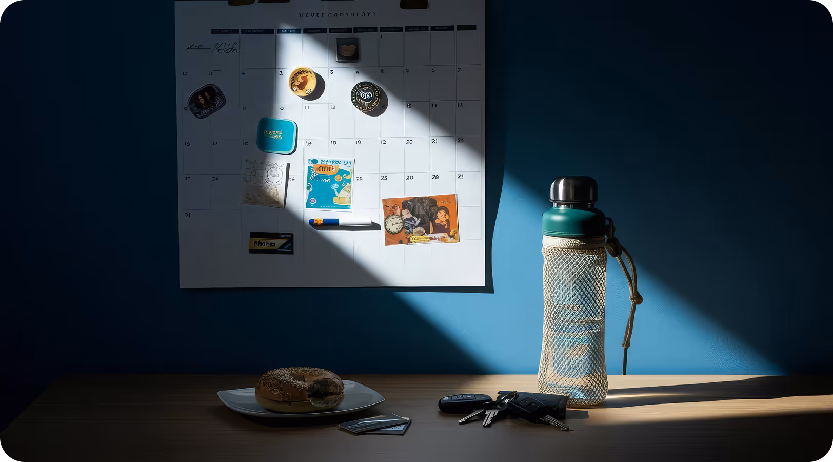 Dark office desk with a laptop displaying a chart, a lamp, and a jacket hanging in the background.