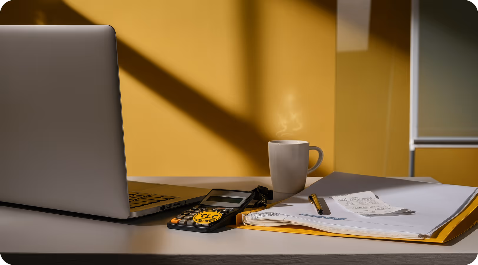 Work desk with an open laptop, white mug, and scattered papers against a yellow wall.