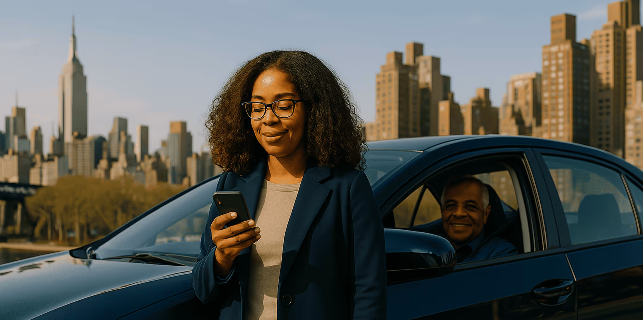 A woman in glasses and a navy blazer stands outside a blue car, smiling at her phone, with a man sitting inside the car and the New York City skyline in the background.