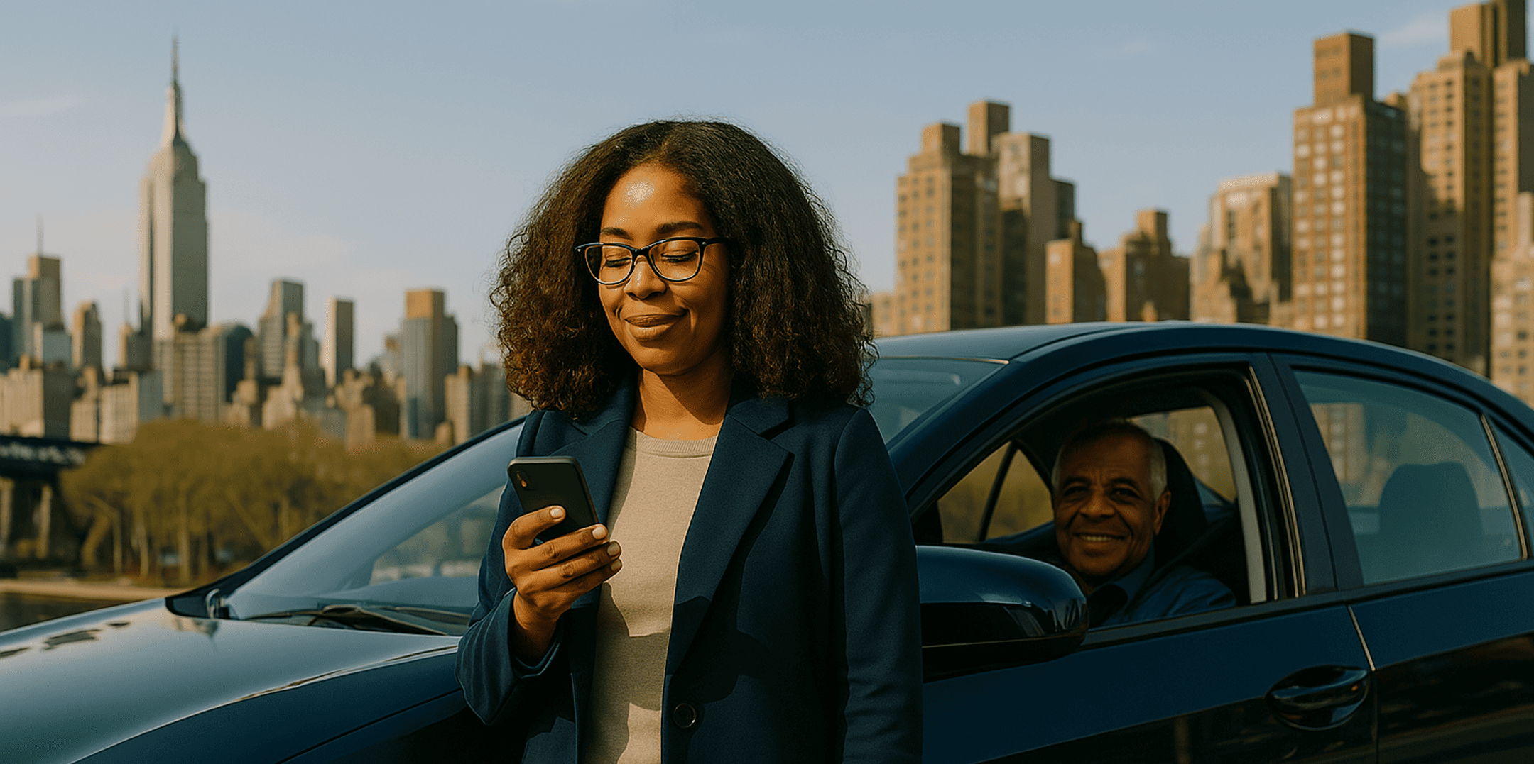 A woman in glasses and a navy blazer stands outside a blue car, smiling at her phone, with a man sitting inside the car and the New York City skyline in the background.