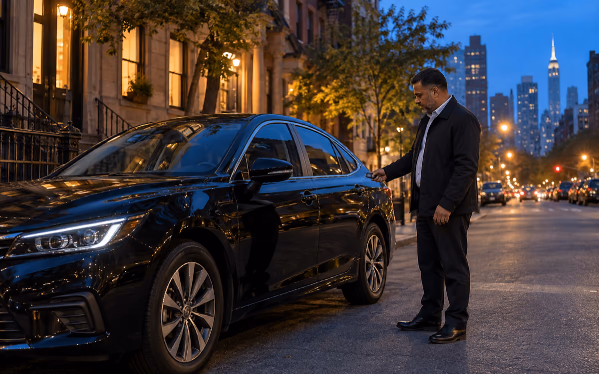 NYC TLC driver checking the lock on a black sedan at dusk