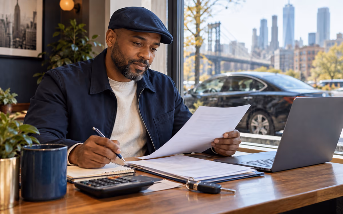 NYC for-hire driver reviewing business paperwork with a laptop and vehicle keys