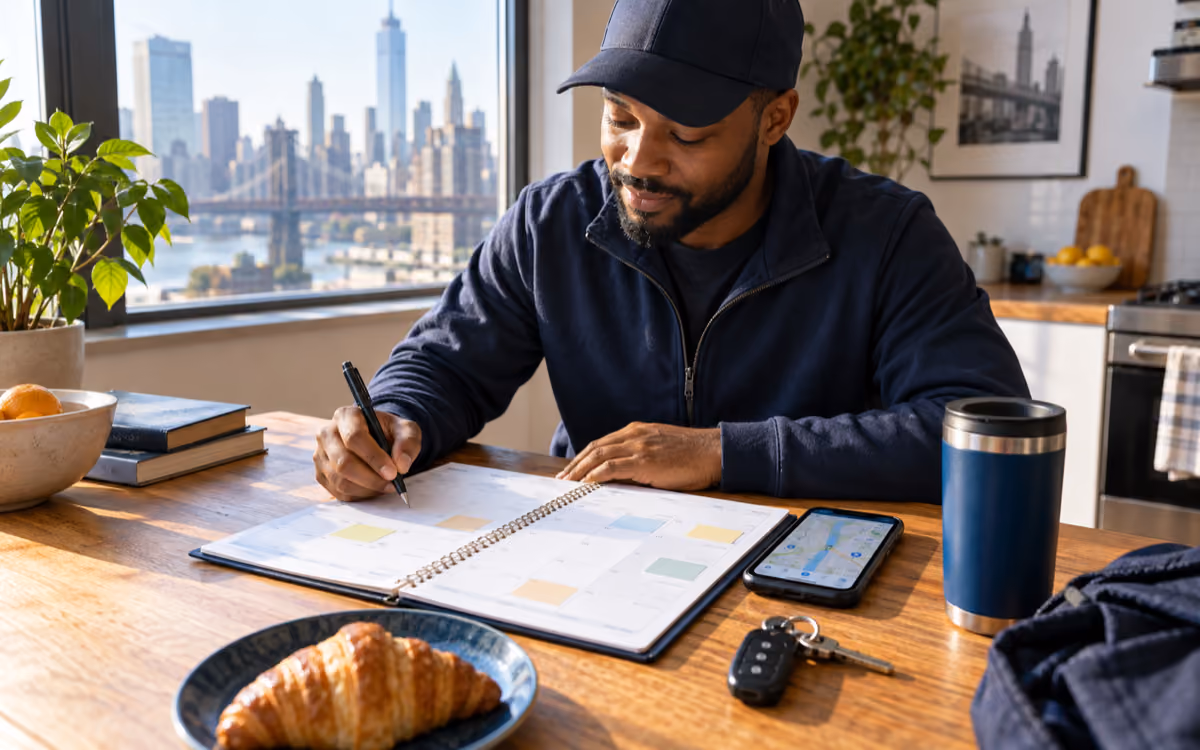 Agape driver planning a weekly schedule with a calendar, phone and vehicle keys