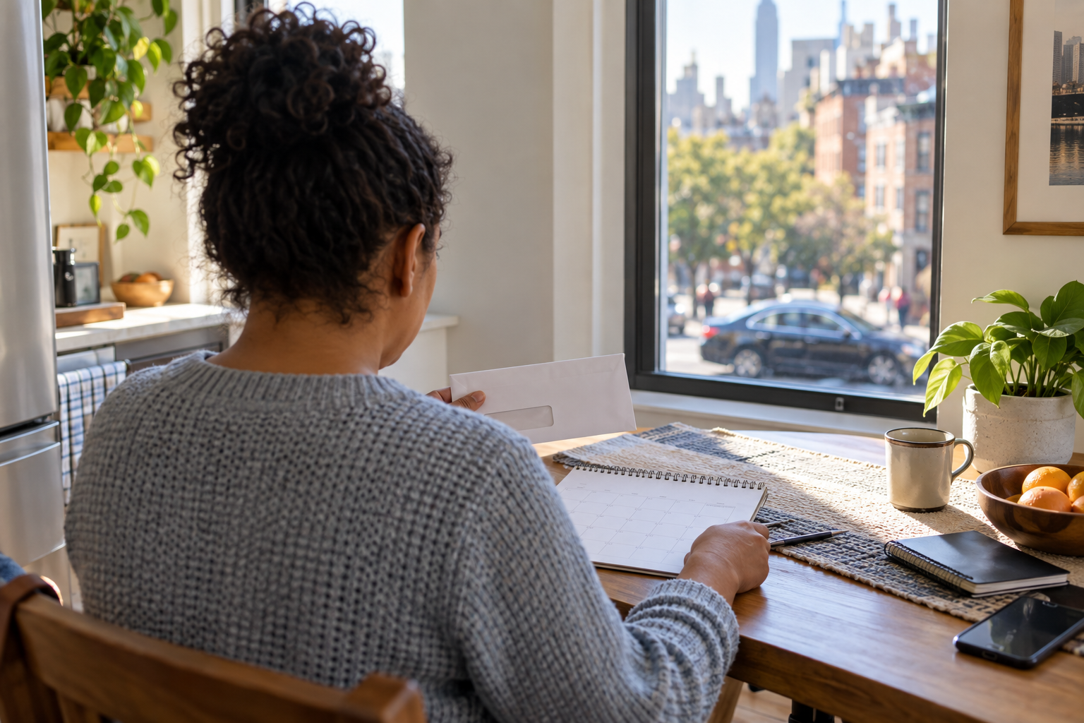 Adult preparing Medicaid renewal information at a New York City apartment table.