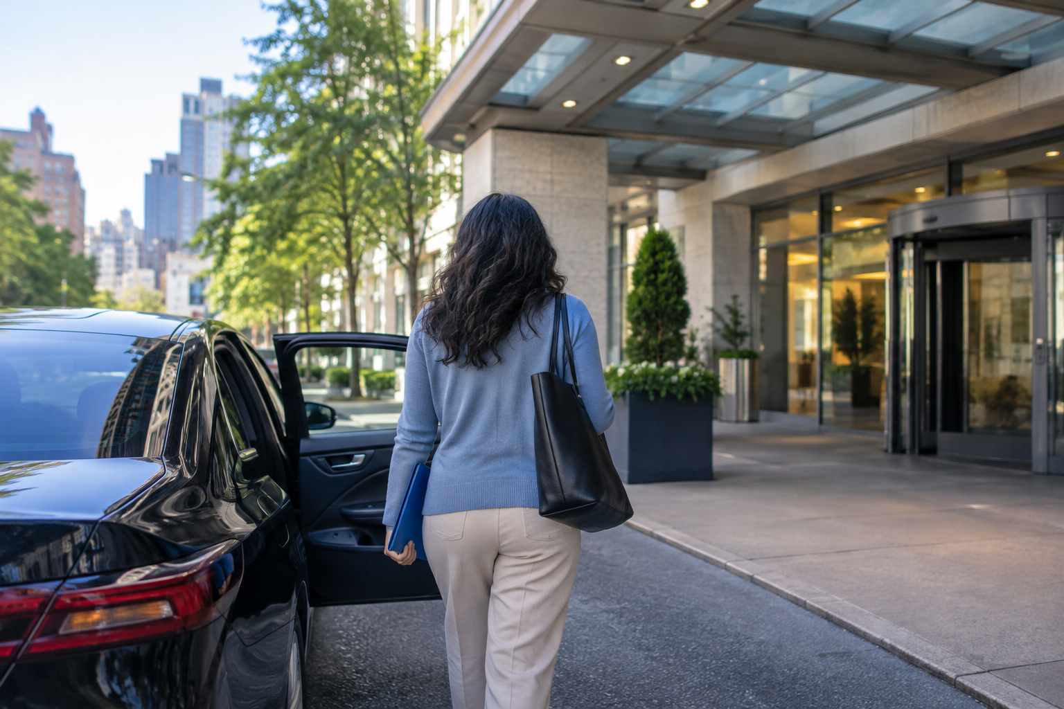 Black for-hire sedan beside a woman arriving at a New York City medical building for a scheduled appointment.