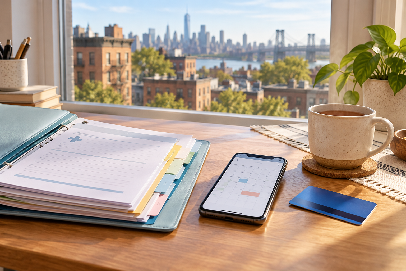 A medical appointment folder, a phone calendar, and a transit card on a sunlit apartment table overlooking New York City.