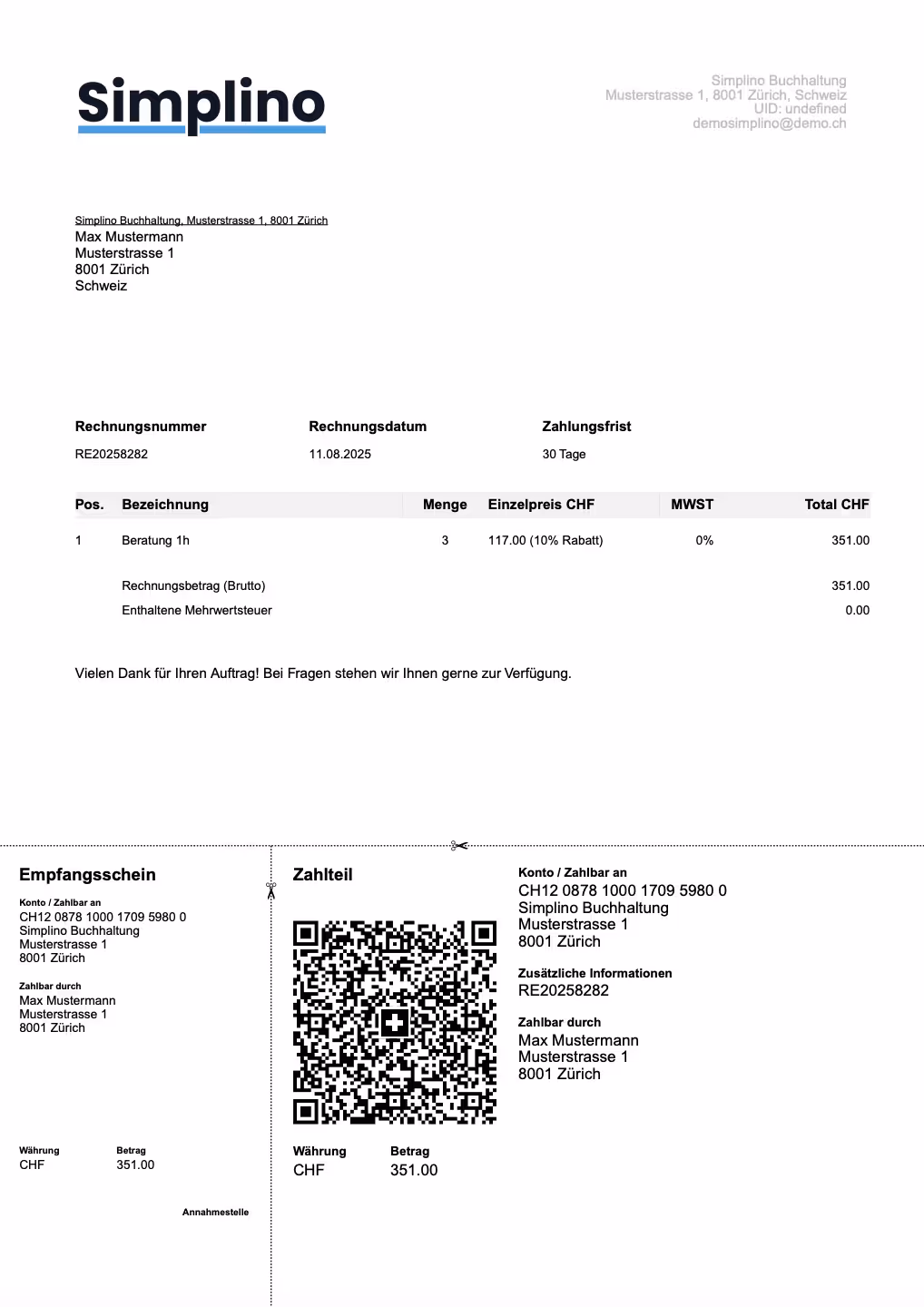 Mit Simplino erstellte QR-Rechnung