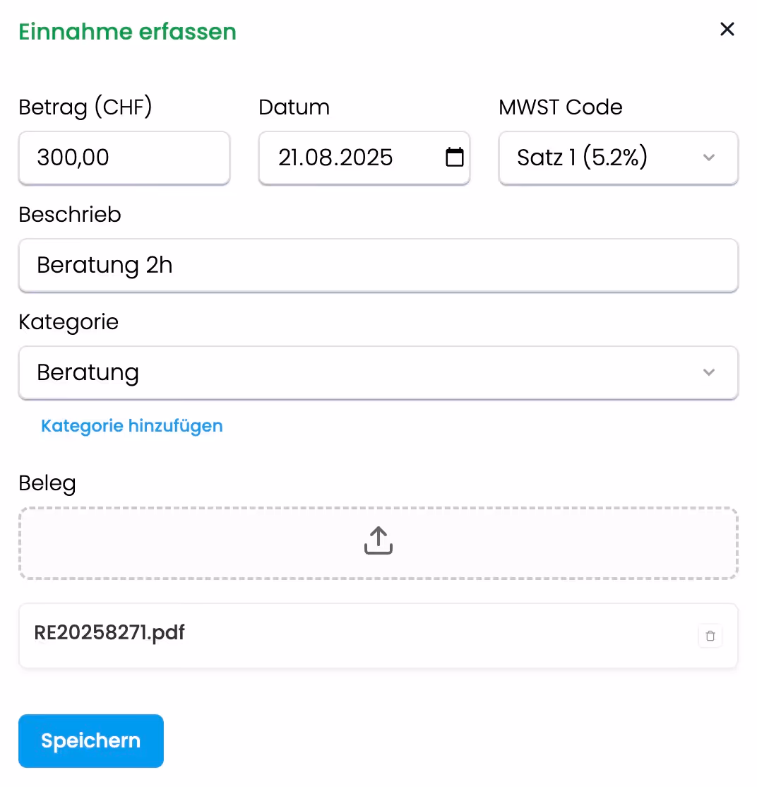 Eingabemaske zur Erfassung von Einnahmen in SImplino