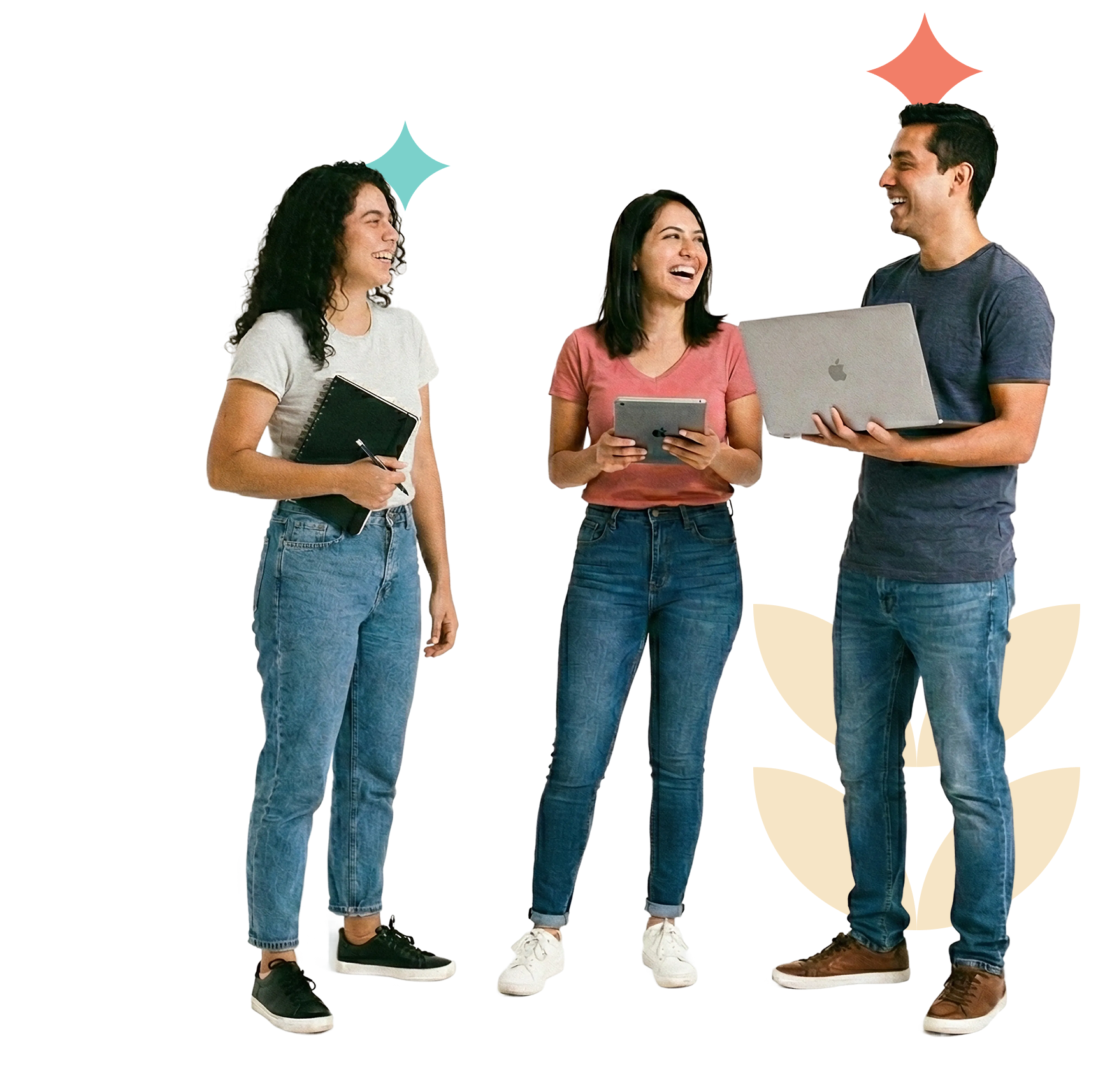 Three young adults standing and smiling, holding digital devices and notebook, with colorful graphic accents behind them.