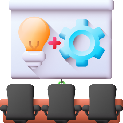 Conference room with three black chairs facing a screen displaying a lightbulb plus gear icon.