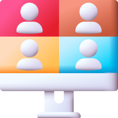 Computer monitor displaying a virtual meeting with four participants in separate colored windows.