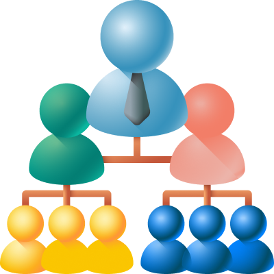Colorful organizational chart with blue manager figure at top, two middle-tier figures in green and orange, and six team members in yellow and blue below.