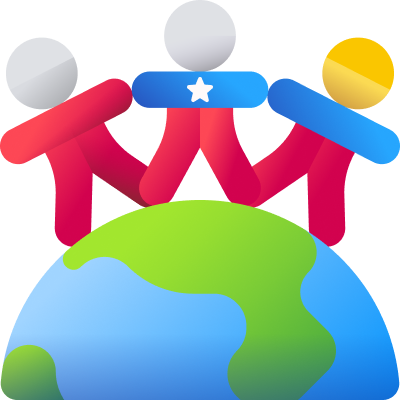 Illustration of three stylized figures holding hands standing on top of a globe.