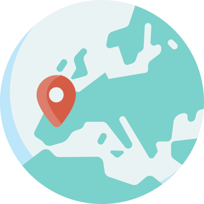 Stylized globe focusing on Europe with a map pin marker over Spain.