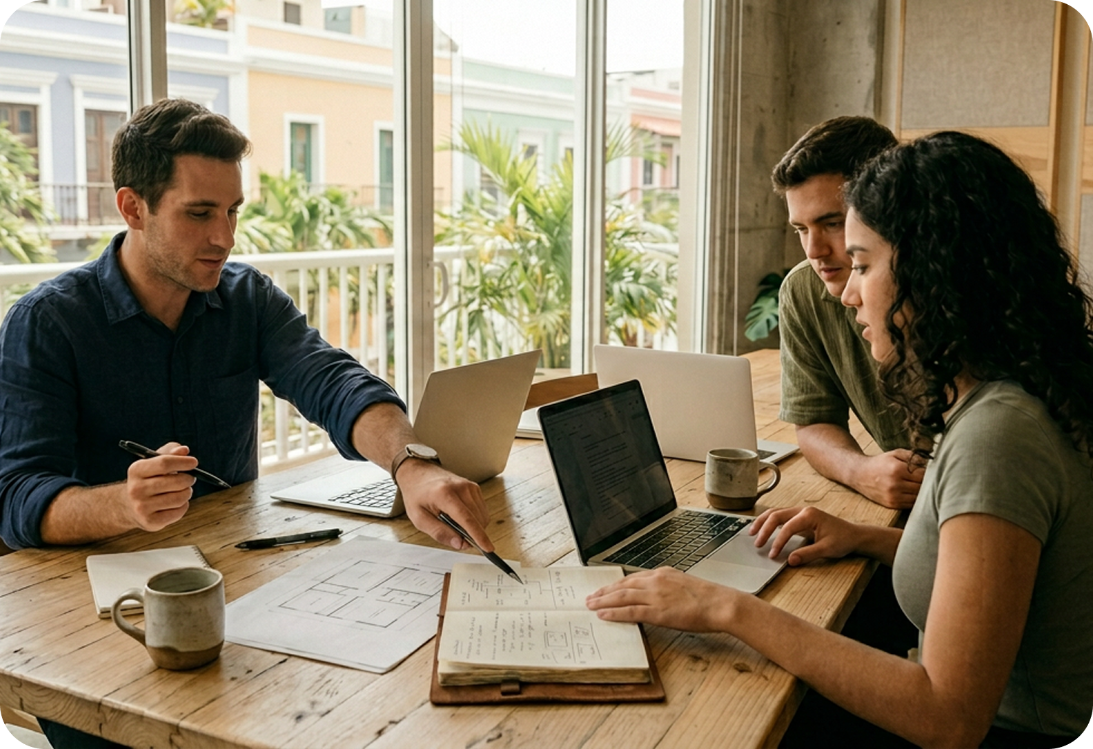 Three people collaborating over laptops and architectural plans at a wooden table in a bright room with large windows.