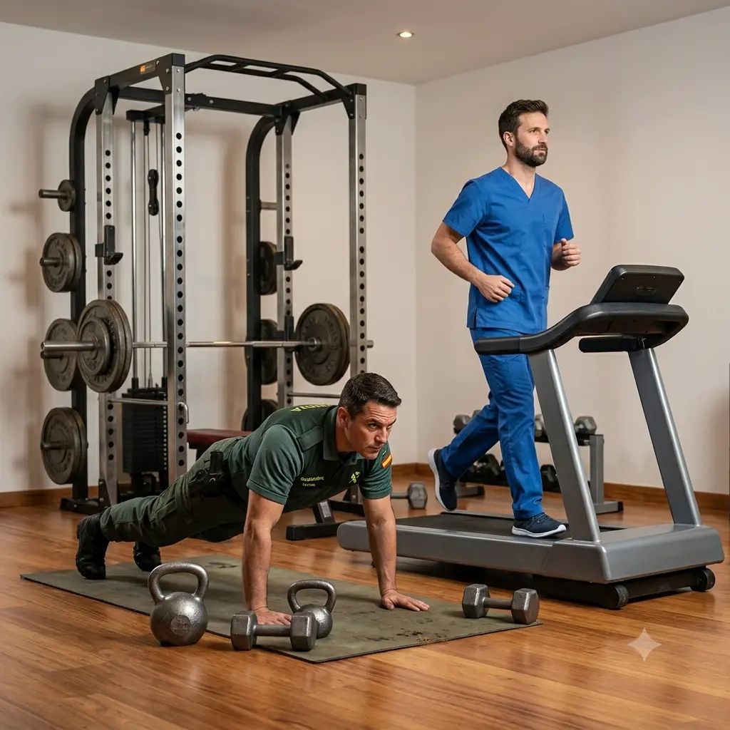 Entrenamiento de trabajos con turnos rotatorios enfermeros y guardia civiles. Entrenando fuerza para mejorar 

imagen creada con IA