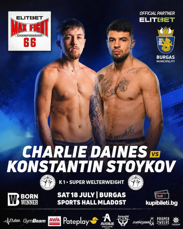 Cartel de combate de Charlie Daines, peleador de kickboxing, boxeo y muay thai