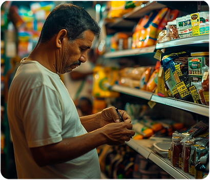 Dono de supermercado colocando preço em mercadoria.