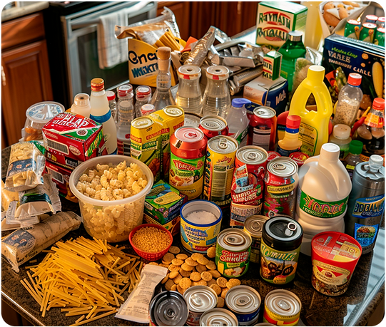 Enlatados, biscoitos, macarrão, produtos de limpeza e bebidas