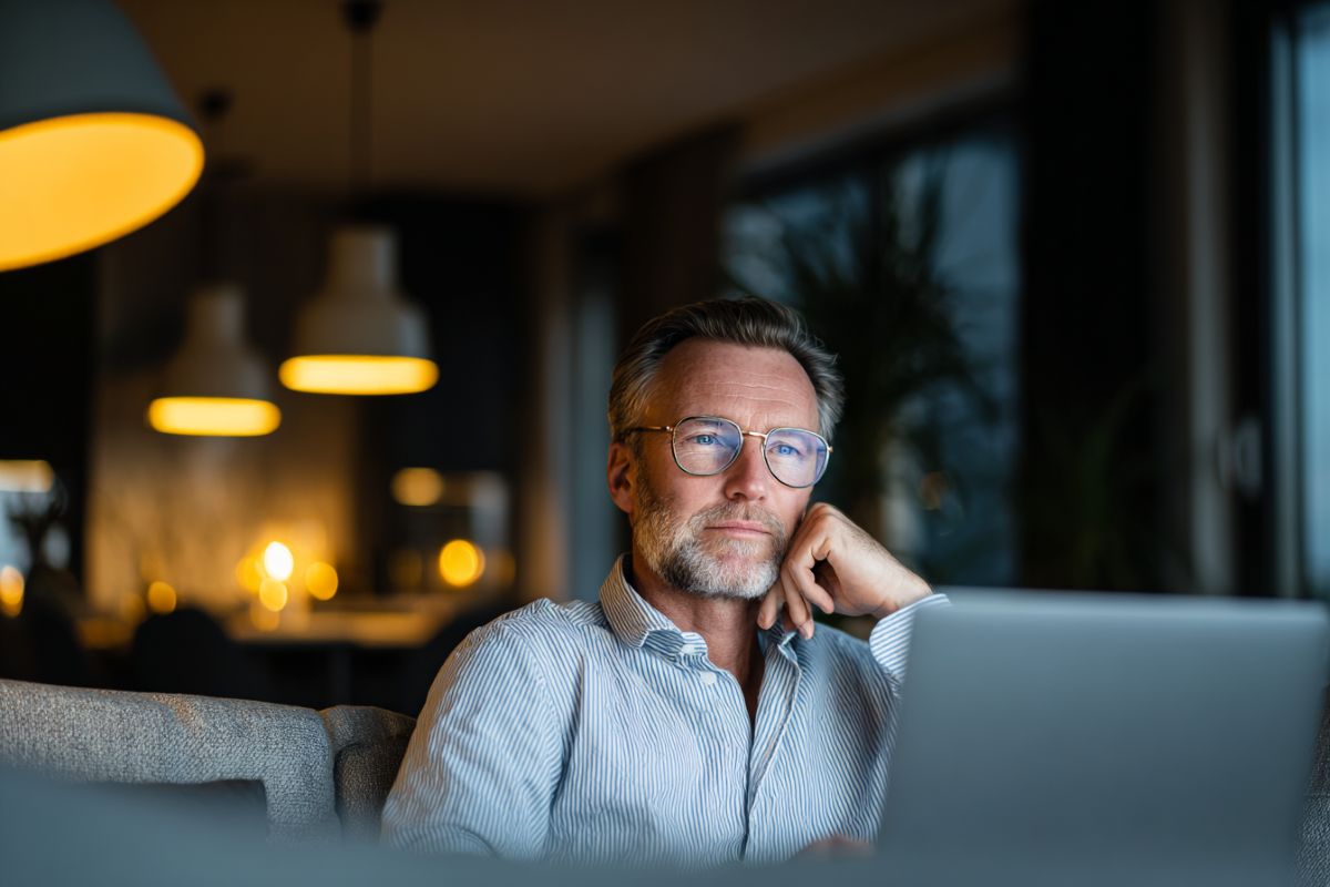 Thoughtful middle-aged man sitting on a couch with a laptop, representing a potential real estate investor researching residential leaseback opportunities on Sell2Rent.