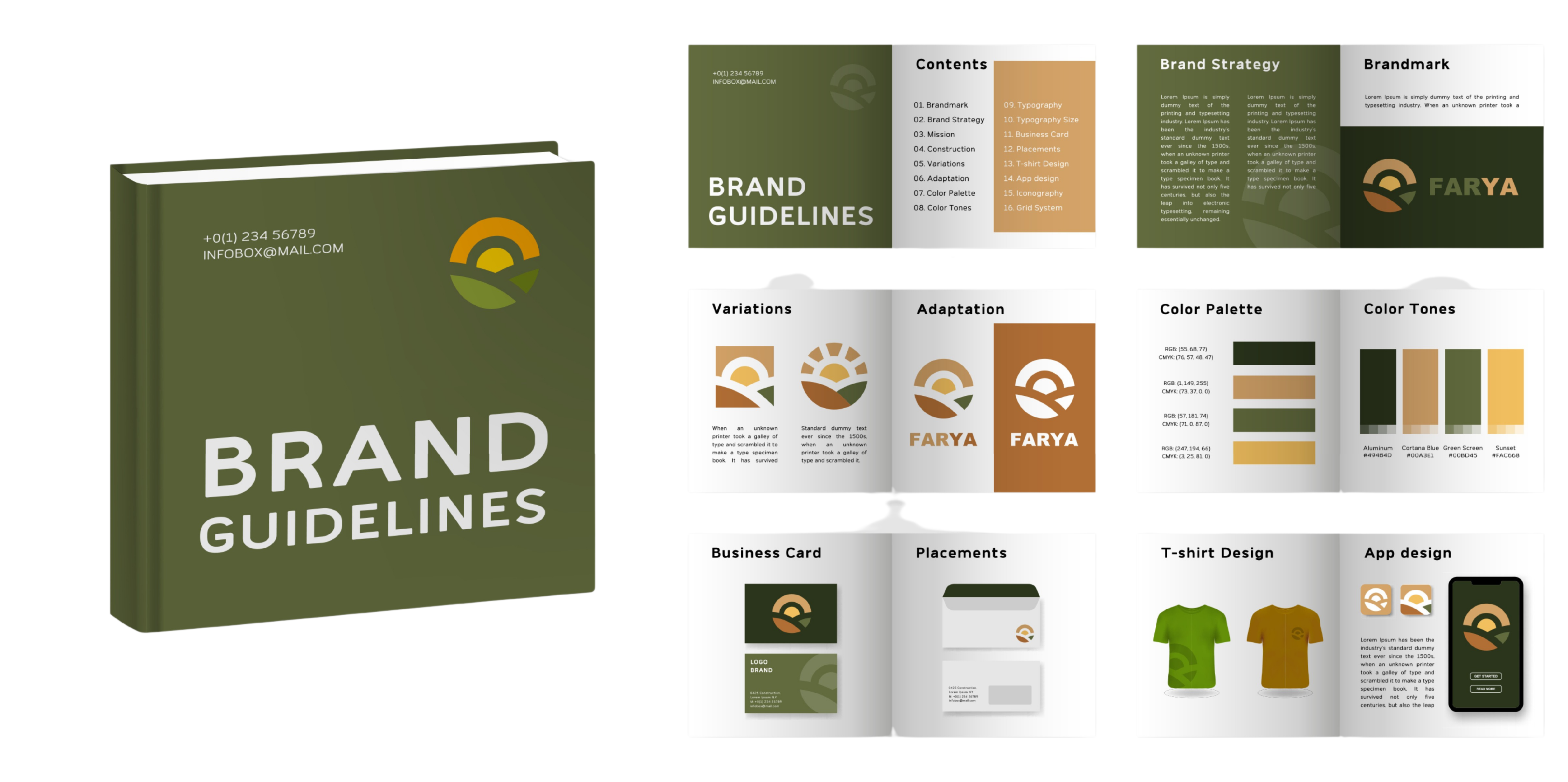 showing a brand style guide deliverable with logos, color palettes, and how to use logos on uniforms 
