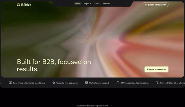 B2bizz website homepage with tagline 'Built for B2B, focused on results' and navigation menu with options Home, Pages, About, Services, and buttons to request consultation and explore services.