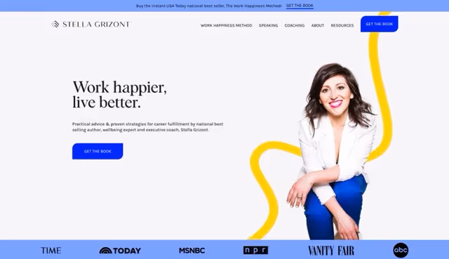 Smiling woman sitting with arms resting on knee next to text promoting career and wellbeing coaching by Stella Grizont, with a call-to-action button to get the book.