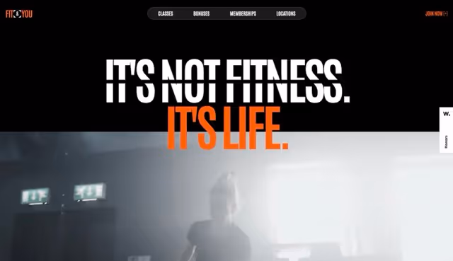 Website banner with text 'IT'S NOT FITNESS. IT'S LIFE.' above a blurred image of a person exercising indoors.