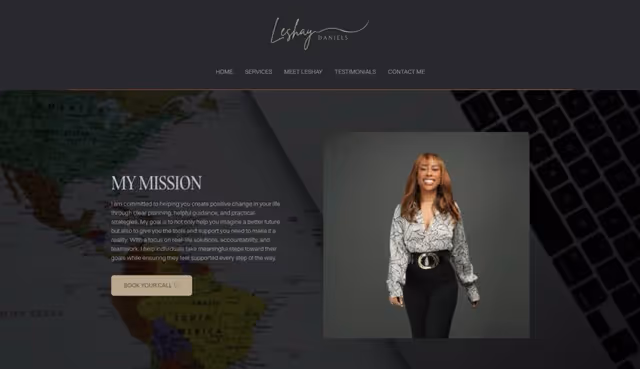 Website header with menu and a section titled 'My Mission' beside a photo of a smiling woman in a patterned blouse and black pants against a gray background.