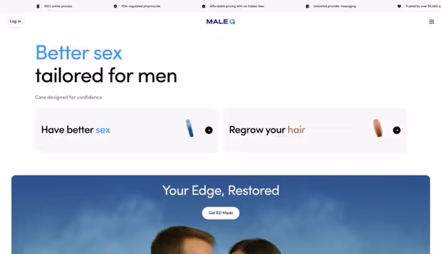 Website homepage showing health care services for men including options to improve sex and regrow hair, with a header stating 'Better sex tailored for men'.