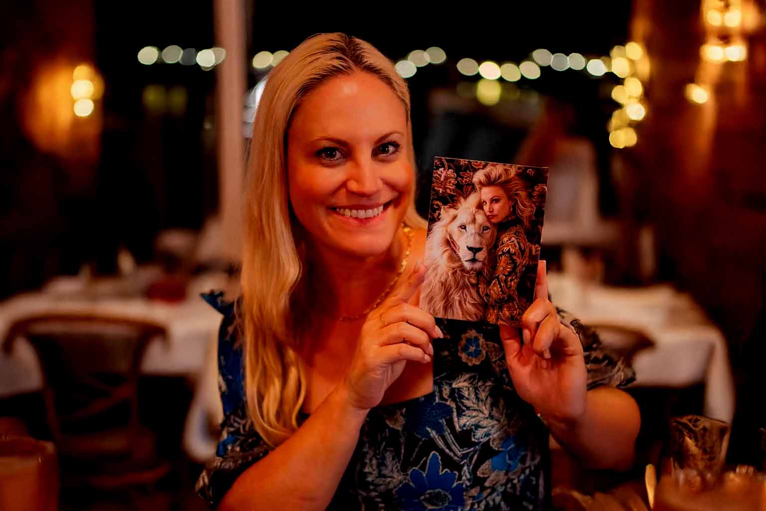 Guest holding a custom AI-generated portrait print at a luxury event in Miami, showcasing the AI photo booth experience with personalized take-home artwork.