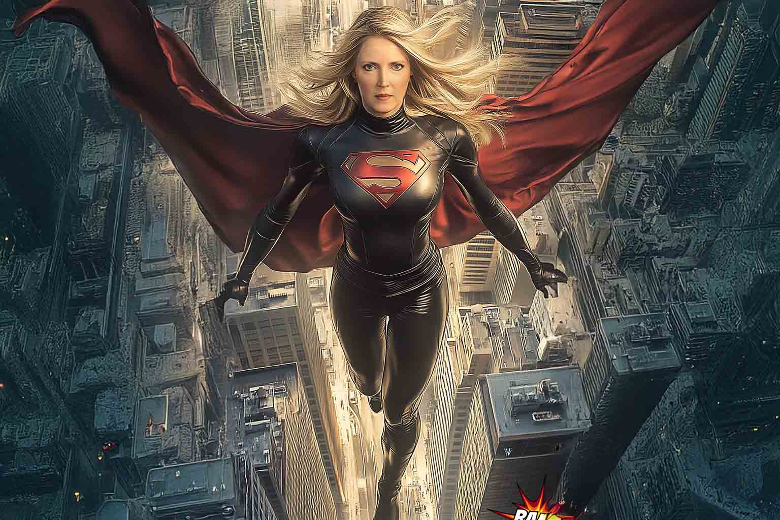 AI photo booth creation of a superhero-style portrait with cinematic cityscape background, showcasing personalized digital artwork for brand activations and themed events in Miami.
