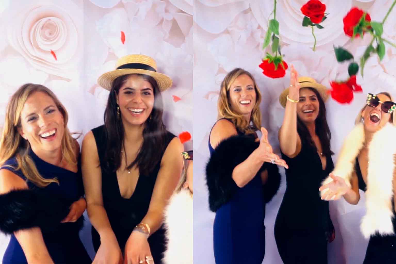 Guests posing with animated video booth effects during high-end wedding in Miami