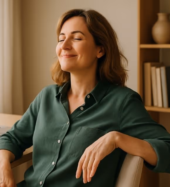 Women seated at desk with a joyful and relieved expression on her face.