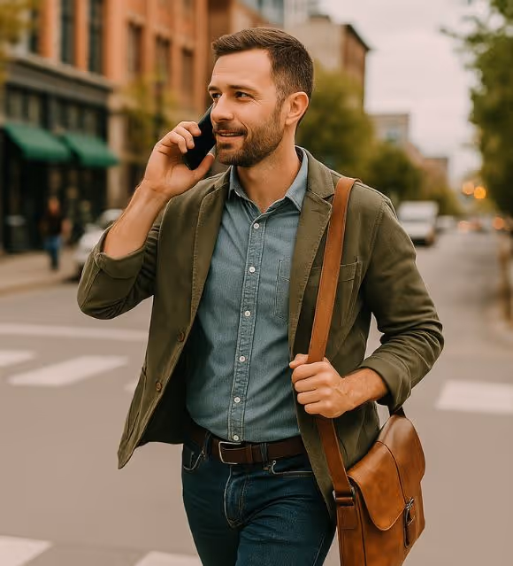 Business man outside walking and talking on cell phone