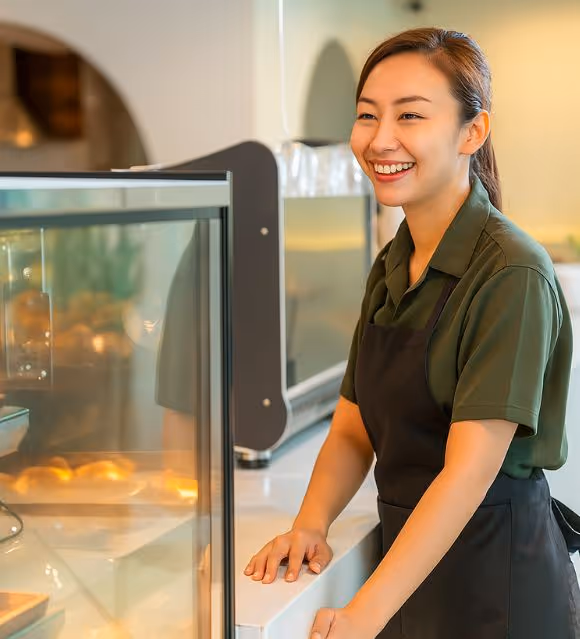 Female barista smiling with pastry window