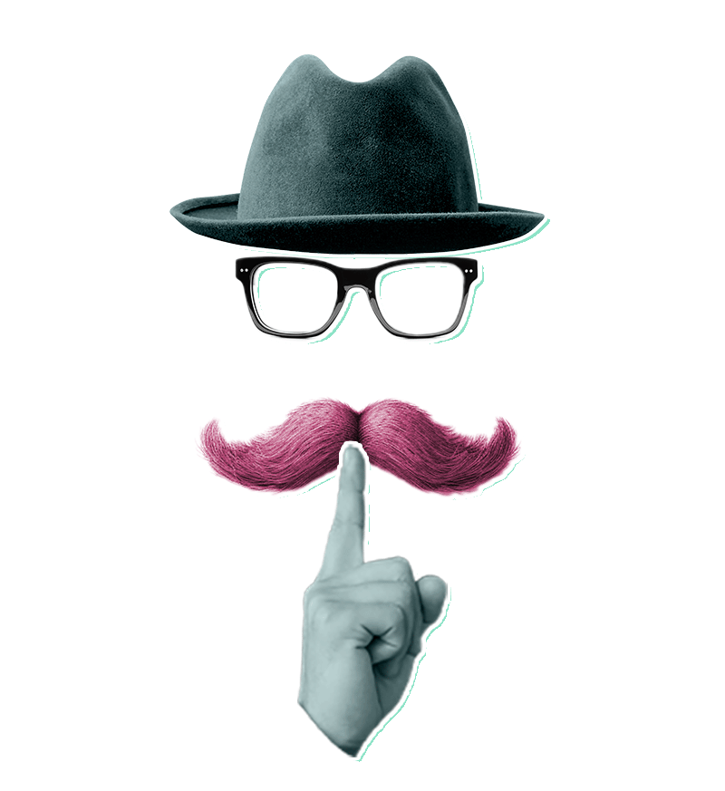 A surreal collage image of a hate, glasses a fake moustache and a forefinger held up to the lip in a 'ssshhh' gesture, suggesting being 'incognito' or in hiding.
