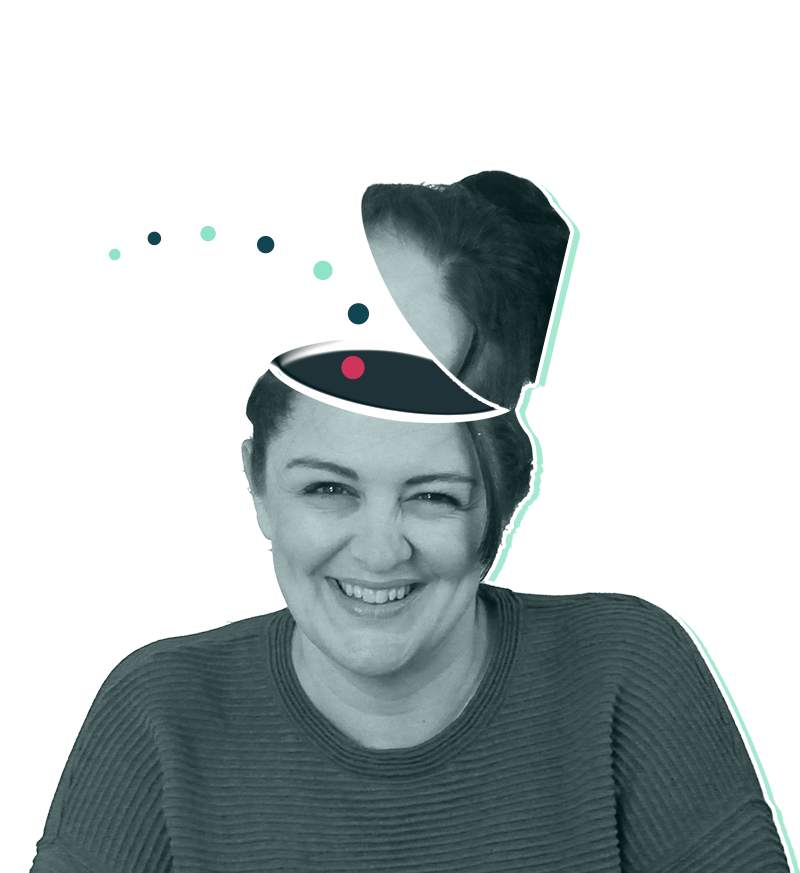 An image of Ellie, the brand owner, with her head open and information pouring into it