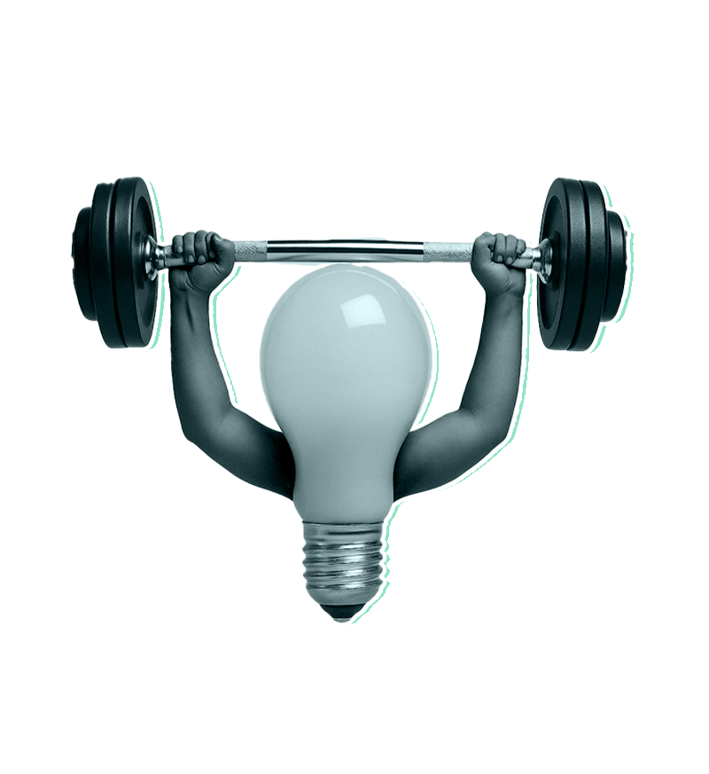 A lightbulb doing reps with a barbell - a surreal image showing the development of an idea