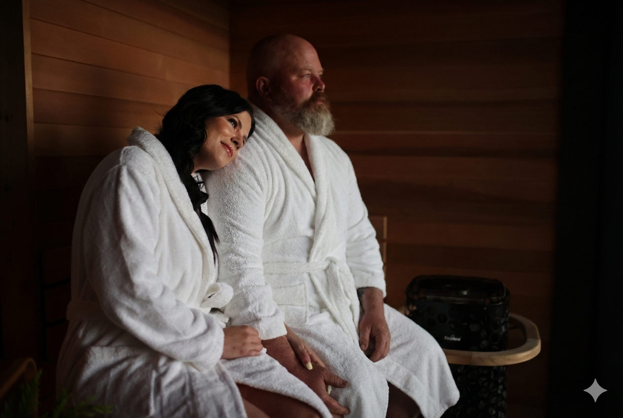 Couple in robes in a cedar sauna at Menizei before a forest bodywork massage on Washington’s Olympic Peninsula near Olympic National Park.
