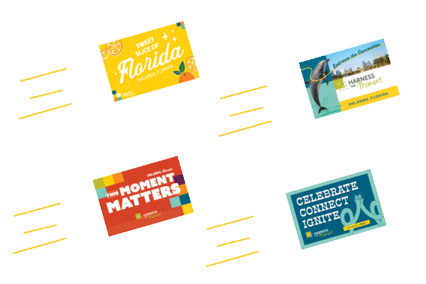 4 animated postcards being sent.
