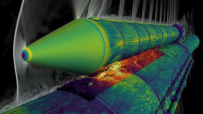 Simulation the SLS rocket during ascent. The force of friction is represented in greens, yellows, and blues.