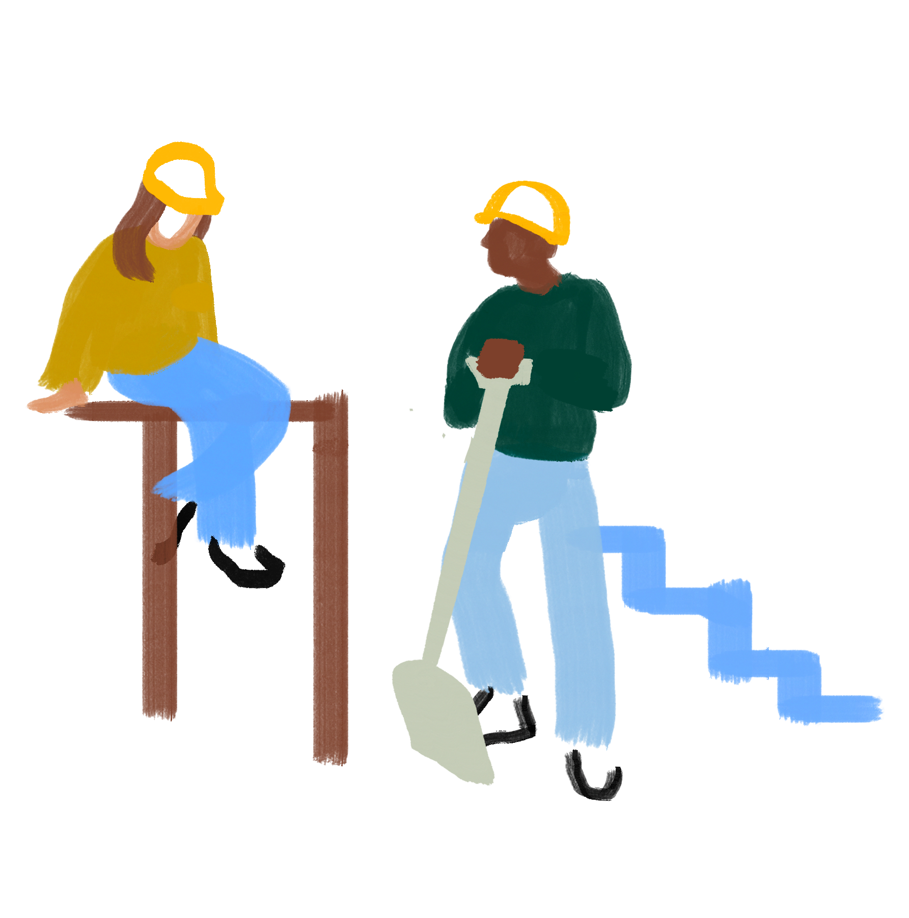 Two people talking near stairs with a shovel and construction hats on.