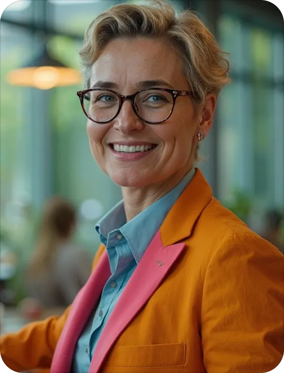 A woman wearing glasses and a pink jacket.