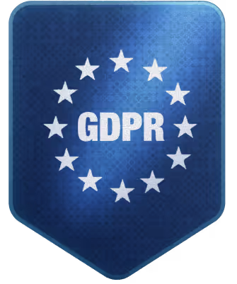 Blue GDPR compliance badge featuring a circle of white stars around the text prominently.
