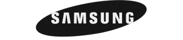 Samsung brand name inside a tilted black oval shape.