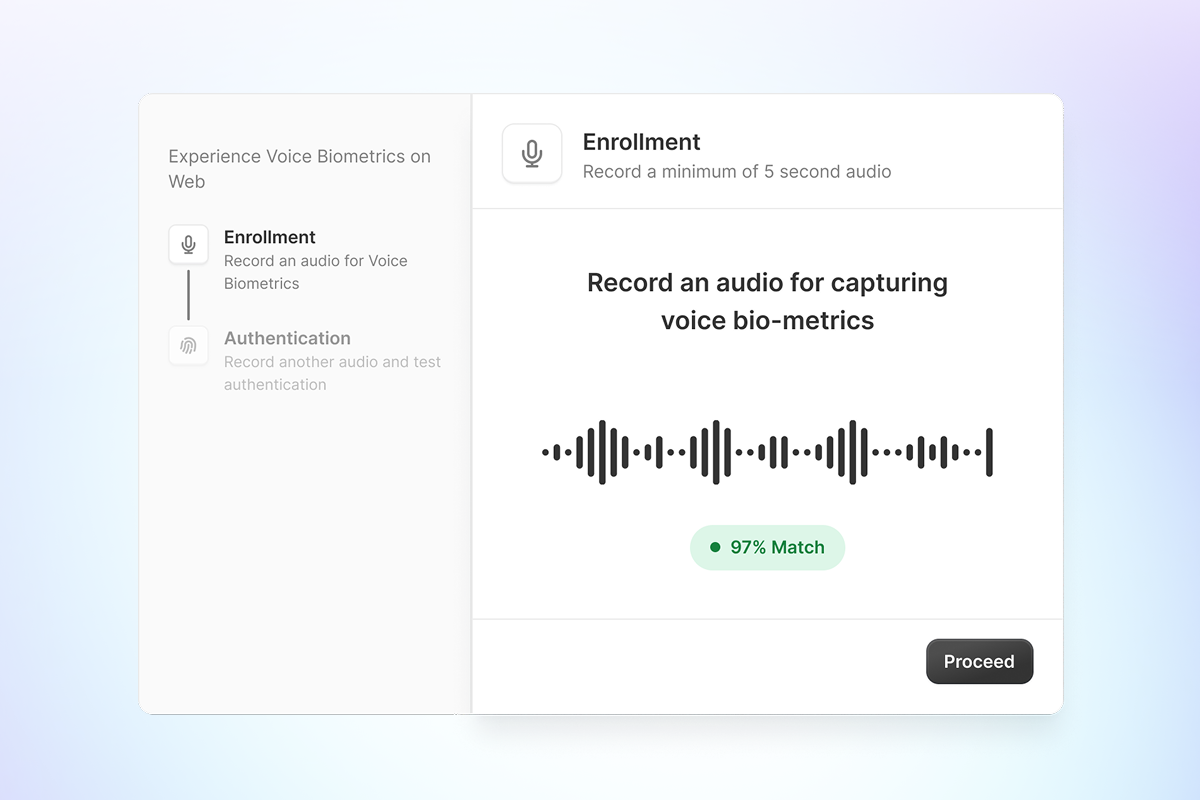 Voice biometrics enrollment interface showing audio waveform and 97% match with proceed button.