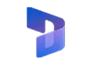 Blue 3D stylized icon with two connected ribbon shapes forming a triangular loop.