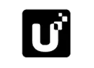White letter U with pixelated effect on black background.