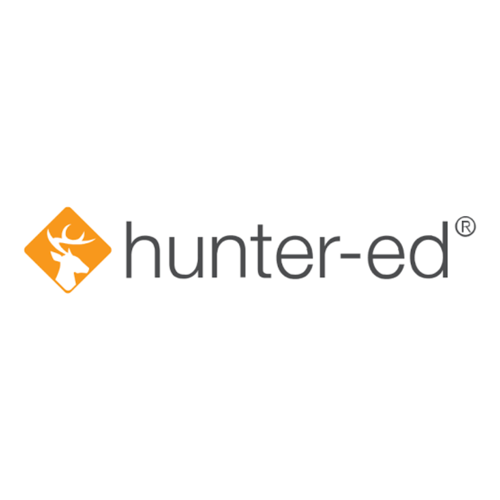 Logo of "hunter-ed" with an orange diamond containing a white deer head on the left. Simple, modern design conveying an outdoor theme.